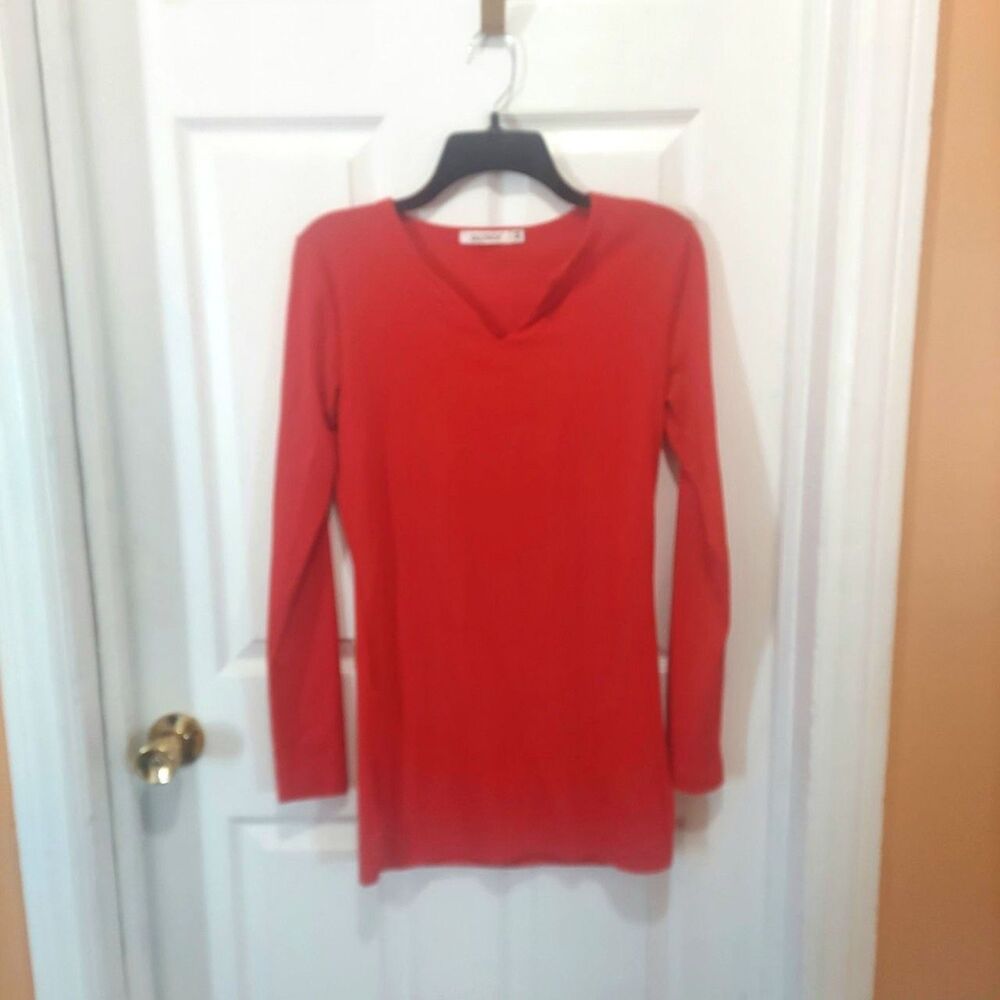 Gootuch Red V Neck Long Sleeve Shirt Fitted Side Slits Valentine's Day Red